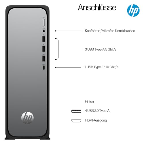 HP OmniDesk Slim Desktop S03-0230ng, Intel 300 Prozessor, 8 GB DDR5 RAM, 512 GB PCIe Gen4 SSD, Intel UHD Graphics 710, Windows 11 Home, Wi-Fi 6, USB Type-C, Meteor Silver/Jack Black