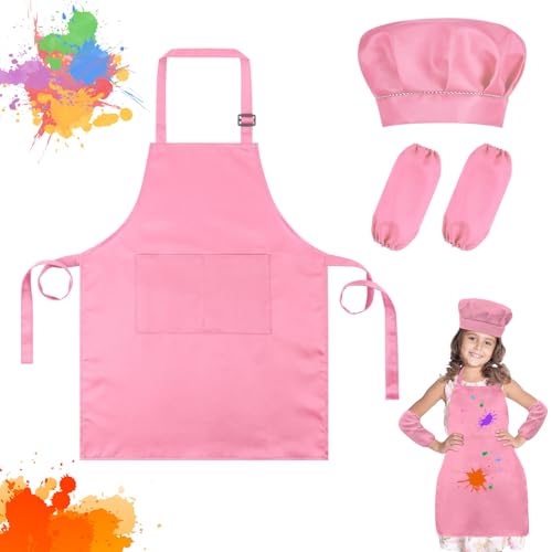 Ainiv Delantal Infantile + Gorro Cocinero Niño + Mangas de Cocineroes, Disfraz Cocina Infantil con 2 Bolsillos, Artista Apron para 7 13 Años, Mandil y Gorro Chef Niño para Pintar (Rosa)
