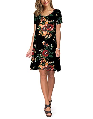 Vestido feminino casual de verão da KORSIS com manga curta, bolsos, Brown Flower Black, Small