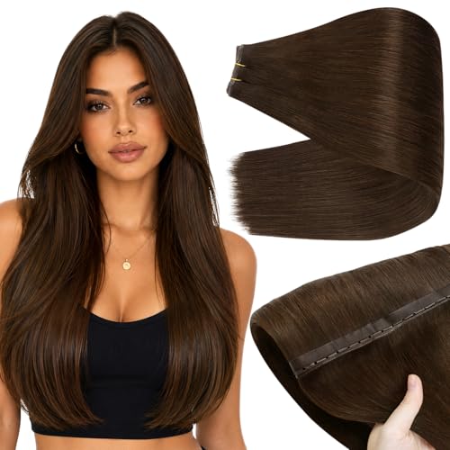 Image of Full Shine Butterfly Weft Human Hair Extensions 22 Inch 100g Volume Set | Warm Chestnut Brown, Invisible Pu Holes, Date Night Look, Straight Remy Hair, Micro Bead Installation, Long Natural Hairstyle