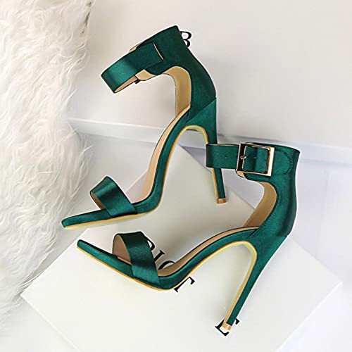 Zapatos Mujeres Sandalias Satén Tacones Altos Ladies Zapatos Seda Gladiador Verano Tacón de Estileto Mujer Bombas MÁS TAMAÑO 34-43-green,8.5 Cover