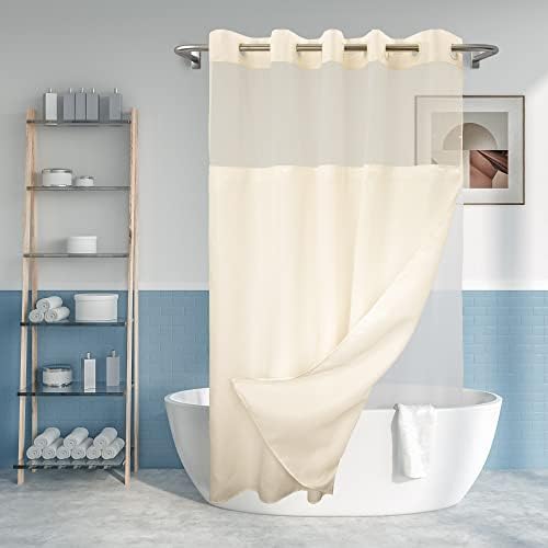 No Hook Slub Textured Shower Curtain with Snap-in PEVA Liner Set - 71" x 74"(72"), Hotel Style Cream Shower Curtain with Sheer Top Window, Water Repellent, Sand, W71xH72