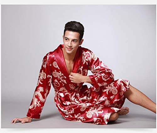 Men's Satin Robe Long Sleeve Spa Bathrobe Dragon Printed Loungewear Sleepwear (Xxxl, Wine Red) #TOP1