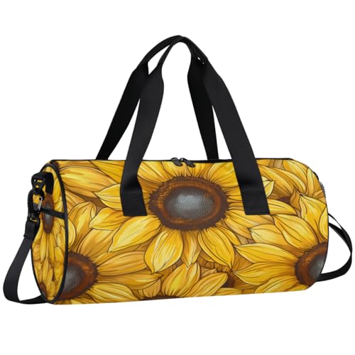 Sunflower Petals Round Barrel Sports Fitness Bag, Yellow Travel Luggage Bag, Reusable Handbag, Suitable For Men and Women