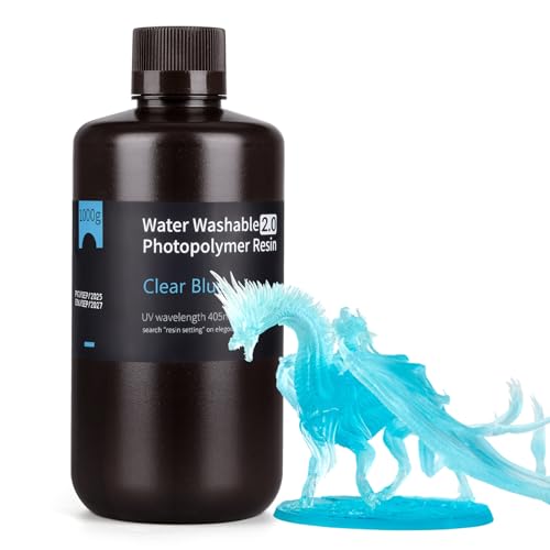 ELEGOO Water Washable 3D Printer Resin 2.0, Fast Curing Photopolymer Resin for Mars Saturn Jupiter MSLA DLP LCD 3D Printing, 385-405nm UV Curing 3D Printing Liquid, Clear Blue 1000g