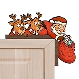 Happirra Türschmuck Weihnachten aus Holz, Weihnachtsdeko Tür Rentier & Weihnachtsmann Beidseitig Bedruckt, Creative Weihnachten Deko Türecke für Türrahmen, Bilderrahmen, Fenster, Kamin, Kühlschrank