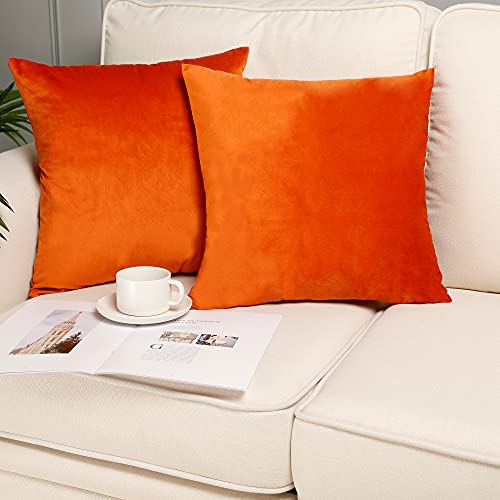 MZPSO Pack of 2, Velvet Super Soft Solid Decorative Square Throw Pillow Covers Set Cushion Case for Sofa Bedroom Car 20 x 20 Inch 50 x 50 cm, Orange