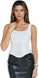 SEVOBA PROM Sequin Tank Top for Women Sleeveless Sequin Cami Top Glitter Party Strappy Camisole Shirts Silver White