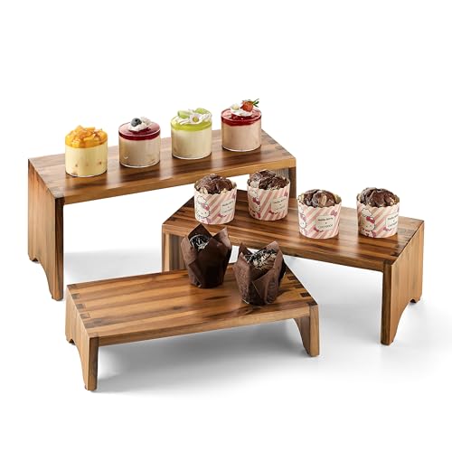 Tidita Acacia Wood Risers Display Stands Set of 3 - Wooden 3 Tier Cupcake Stand - 3 Tiered Riser for...