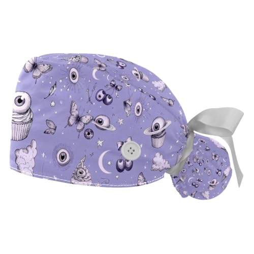 Image of 2 PCS Bouffant Cap with Button Ponytail Pouch Working Cap Sweatband Adjustable Surgical Cap Black and White Cow