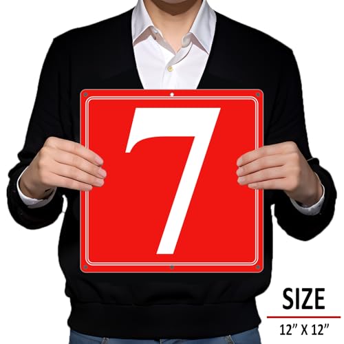 Image of Premium Aluminum Number Signs 7, Metal 12 inch X 12 inch Red Numbered Signs Outdoor for Parking Lots, Floor, Dock, Court, Aisle, Field, High Visibility, No Fade, Weather-resistant