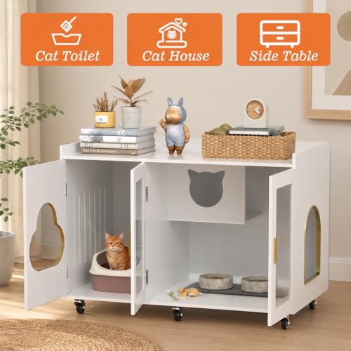 Image of White Large Hidden Cat Litter Box Enclosure, Modern Cat Litter Box Furniture with Glass Doors, Partitioned Cat House End Table for Indoor Cats, Fits Most Standard Litter Boxes