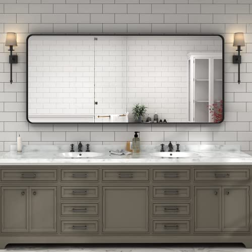 Charmor 60X28 Black Framed Bathroom Mirror, Large Matte Black Bathroom Vanity Mirror For Wall, Modern Rounded Rectangle Mirror, Shatterproof (Horizontally/Vertically) #TOP4
