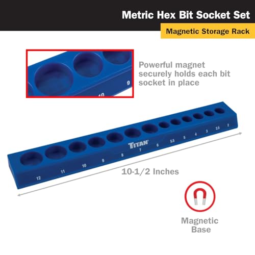 Titan 85531 13-Piece Metric Hex Bit Socket Set, Magnetic Socket Organizer with Laser-Etched Size Markings