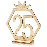 YuQi Wooden Wedding Table Numbers 1-25 w/Holder Base, 5''x5'' Crown Hexagon Shape Table Desk Seat Number Name- Best for Rustic Wedding Receptions Banquets Cafés Restaurants Hotels Party
