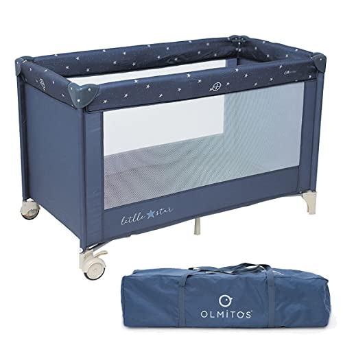 Olmitos - Cuna de Viaje Bebe portatil y Plegable Little Star - Desde el Nacimiento fácil de Plegar, Bolsa de Transporte incluida, circulación de Aire, Ruedas con Freno (Azul)