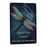 Metallschild mit Libelle und Sternen, rustikale Blech-Wanddekoration mit Feen und Mond, Vintage-Boho-Stil für Garten, Bad und Esszimmer, realistischer und einzigartiger Druck, 20,3 x 30,5 cm
