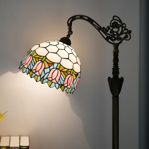 Tiffany Lampadaire Rose Tulipe Vitrail Col de Cygne 63 Pouces Fait Main Tiffany Style Abat-Jour Angle Réglable Lampe Debout pour Lecture et Travail Décoration de la...