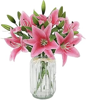Olrla Pink Artificial Lily Flowers, 6pcs Waterproof Faux Lily for Home Office Wedding Party Graveside Bathroom Decoration