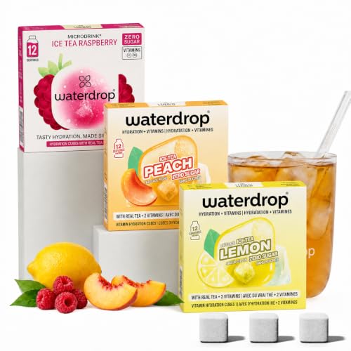 waterdrop® Té Frio Mix, 36 Pastillas Saborizantes Para Agua Sin Azúcar, Te Verde y Negro, 3 Sabores Agua: Melocotón, Limón, Frambuesa, Refresco Instantaneo, Infusiones Variadas Polvo, Ice Tea