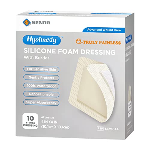 Hysimedy Silicone Foam Dressing with Gentle Adhesive Border 4''x4'' for Diabetic Ulcer, Bed Sore, Pressure Sore - 10 Packs Painless Removal Waterproof Super Absorbent