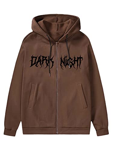 Gorglitter Men's Graphic Print Zip Up Hooded Sweatshirt Drawstring Long Sleeve Drop Shoulder Hoodies Brown Large #TOP18