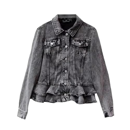 Manteau femme volants patchwork gris veste en jean tunique revers chic
