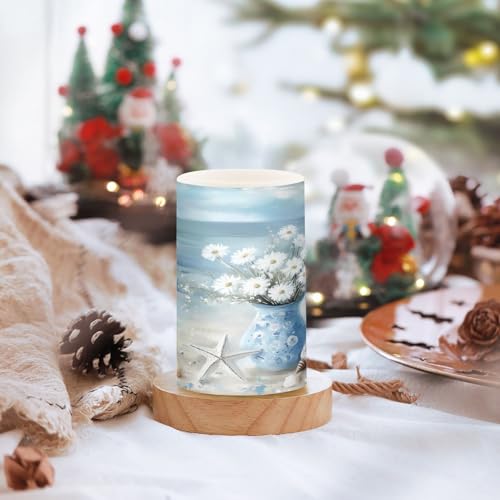 Image of Ocean Beach Seascape Vase Starfish Shell Flickering Flameless Candles LED Battery Operated with Remote Timer Pillar Candles for Home Birthday Wedding Christmas Decor, Set of 2