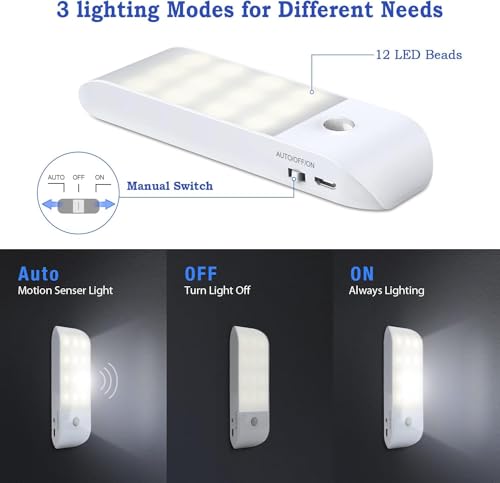 Motion Sensor Lights Indoor, 2 Pack Rechargeable LED Night Light with 3 Modes (AUTO/ON/Off), Stick-On Cupboard Light with Magnetic Strips for Wardrobe, Bedroom, Stair, Cabinet, Kitchen, Hallway - Image 5