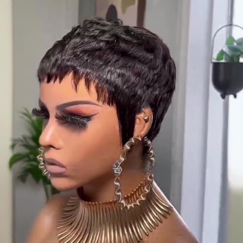 SAEIALL Pixie Cut Wig for Black Women Human Hair 1B Short Wig for Black Women Nature Looking Soft Brazilian Human Hair Wigs None Lace Front Rose Net Breathable Pixie Wigs for Daily Use