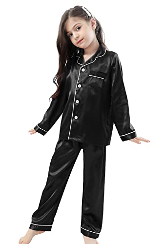 Image of Pajamas Kid Unisex Pjs Set Girls Boys Silk Pajamas Set Satin Long Sleeve 2 Piece Clasic Sleepwear for 2-12 Years Todder