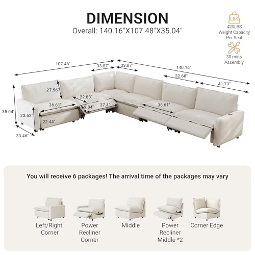Image of 107.48 inch Power Reclining Sofa with Wireless Charging & Heated Seats,Smart Recliner Sectional Couch,Zero Gravity Recliner Sofa,Deep Seat Cloud Couch for Living Room Home Theater,Beige,6 Seats