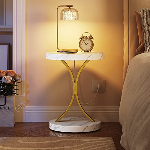 DWVO Round End Tables, Modern Gold Side Table with Metal Frame and Faux Marble Top, Small Accent Table Nightstand for Living Room, Bedroom, Faux Marble White