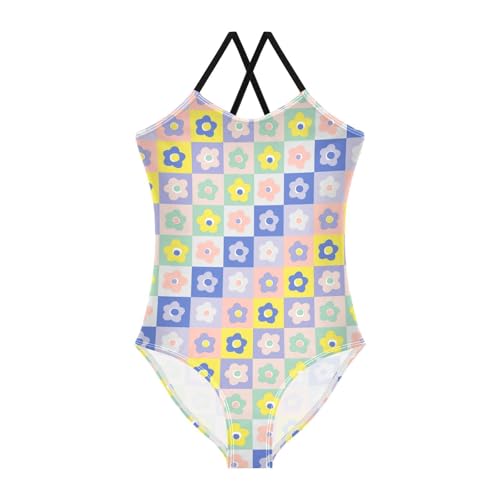 Image of Black and White Chess Girls One Piece Swimsuits Board Marble Tile Sport Halter Swimwear Beach Bathing Suit 3T