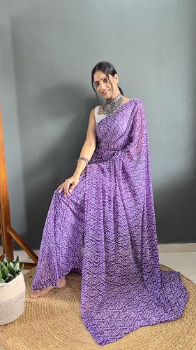 ساري نسائي مطبوع من قماش جورجيت جاهز للارتداء مع بلوزة غير مخيطة RTW Paan Purple Free من ستايلسكوب، مقاس واحد