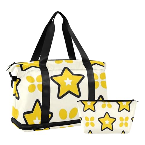 Yellow Stars Dot Yellow Duffel Bag Overnight Weekender Bags with Adjustable Strap for Sports 2 Pcs Set