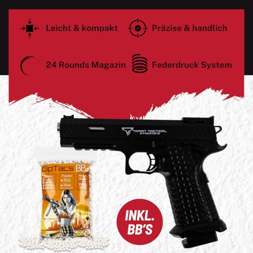 Set Airsoft Pistole TTI Q7 Softair Combat Master Federdruck JW3 6mm 0,5 Joule schwarz inkl. 500 Premium BBS 0,20g Munition | Weiterentwicklung der 1911