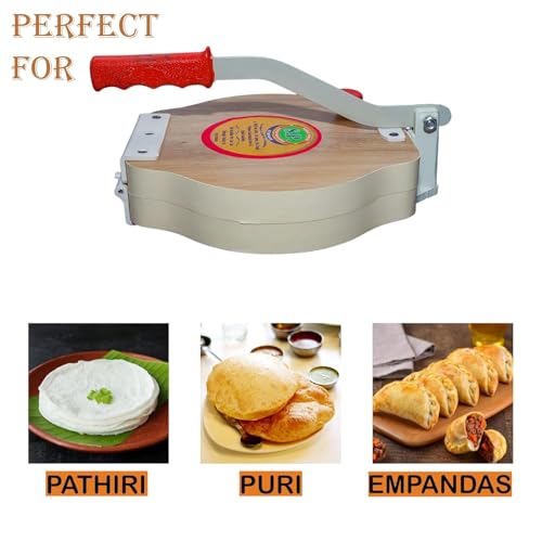 Image of Manual Puri & Dough Press Machine (10 Inch) | Wooden Body with Stainless Steel Plate | Multi-Purpose Papad, Khakhra, Empanada & Pathiri Maker | Hand Press for Home Kitchen