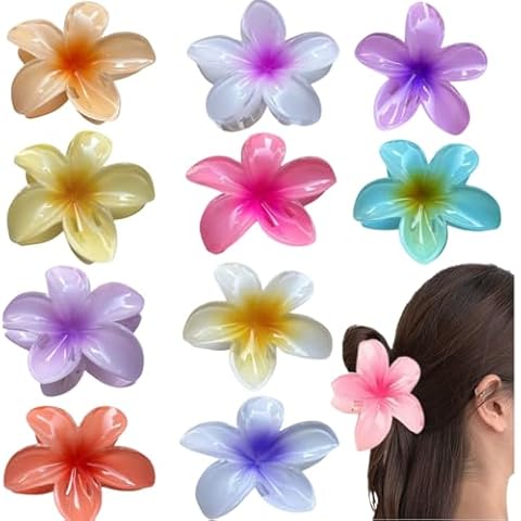 10 Pcs Hawaiian Plumeria Hair Clips, Flower Claw Clips for Thick and Thin Hair, Non-slip Beach Hairpins for Women Cover