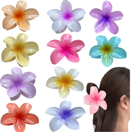 10 Pinzas para cabello Hawaiian Plumeria, clips en forma de garra con flores, antideslizantes para cabello grueso y fino, accesorios de playa para mujeres