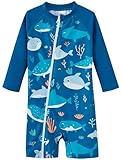 UMELOK Toddler Boy Swimsuit Baby Rash Guard Swimwear Rashguard UPF 50+ Sun Protection Bathing Suit Sunsuit Blue, Daddy Shark-18-24M
