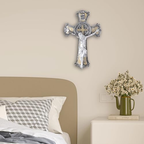 Taprion Cruz de parede crucifixo - arte de parede de resina de São Bento - Cruz dourada de 25 cm dá