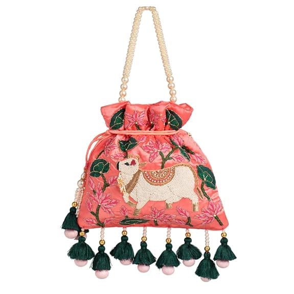 Cow & Lotus Print Pichwai Multi Thread Embroidery and Zardosi Handwork Potli Bags for Ladies & Girls | Women Shagun Pouches for Festive Seasons.-image-15