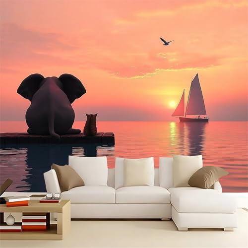 Papier peint coucher de soleil éléphants pour masquer les défauts du mur - 2