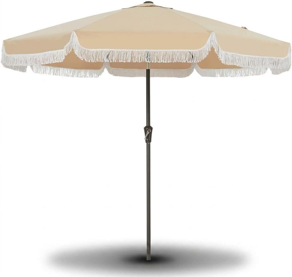 10FT Boho Fringe Patio Umbrella Fiberglass Rib Tilt Adjustable Sun Shade for Garden Poolside Beach