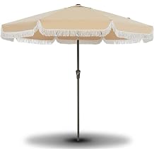 10FT Boho Fringe Patio Umbrella Fiberglass Rib Tilt Adjustable Sun Shade for Garden Poolside Beach