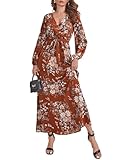Floerns Women's Summer Wrap V Neck Long Sleeve Belted Floral Print Maxi Dress Rust Brown M