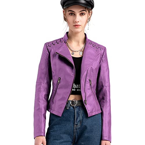 Susielady Women Casual Pu Leather Jacket Tops Long Sleeve Trucker Coat Outerwear Girls Fashion Slim Outercoat (10, Violet) #TOP16