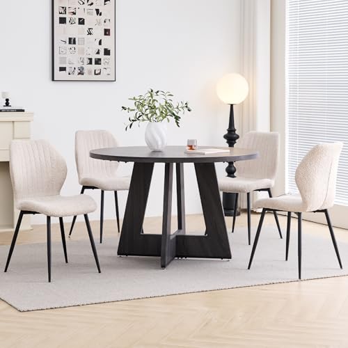 Image of 47 inch Round Dining Table Set for 4, Kitchen Table and Chairs | Wooden Cross Base, Boucle Fabric Chair, for Apartment