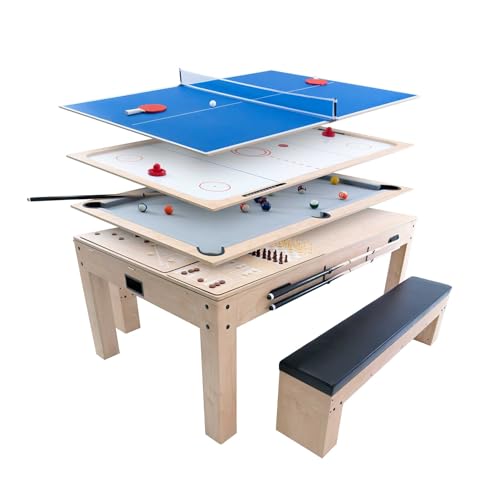 Mesa de Juegos 7 en 1 con 2 Bancos - Efecto Roble | Multijuego | Billar, Ping Pong, Air Hockey, Ajedrez, Backgammon, Shuffleboard y Comedor | Accesorios Incluidos | Diversión Familiar y Hogar